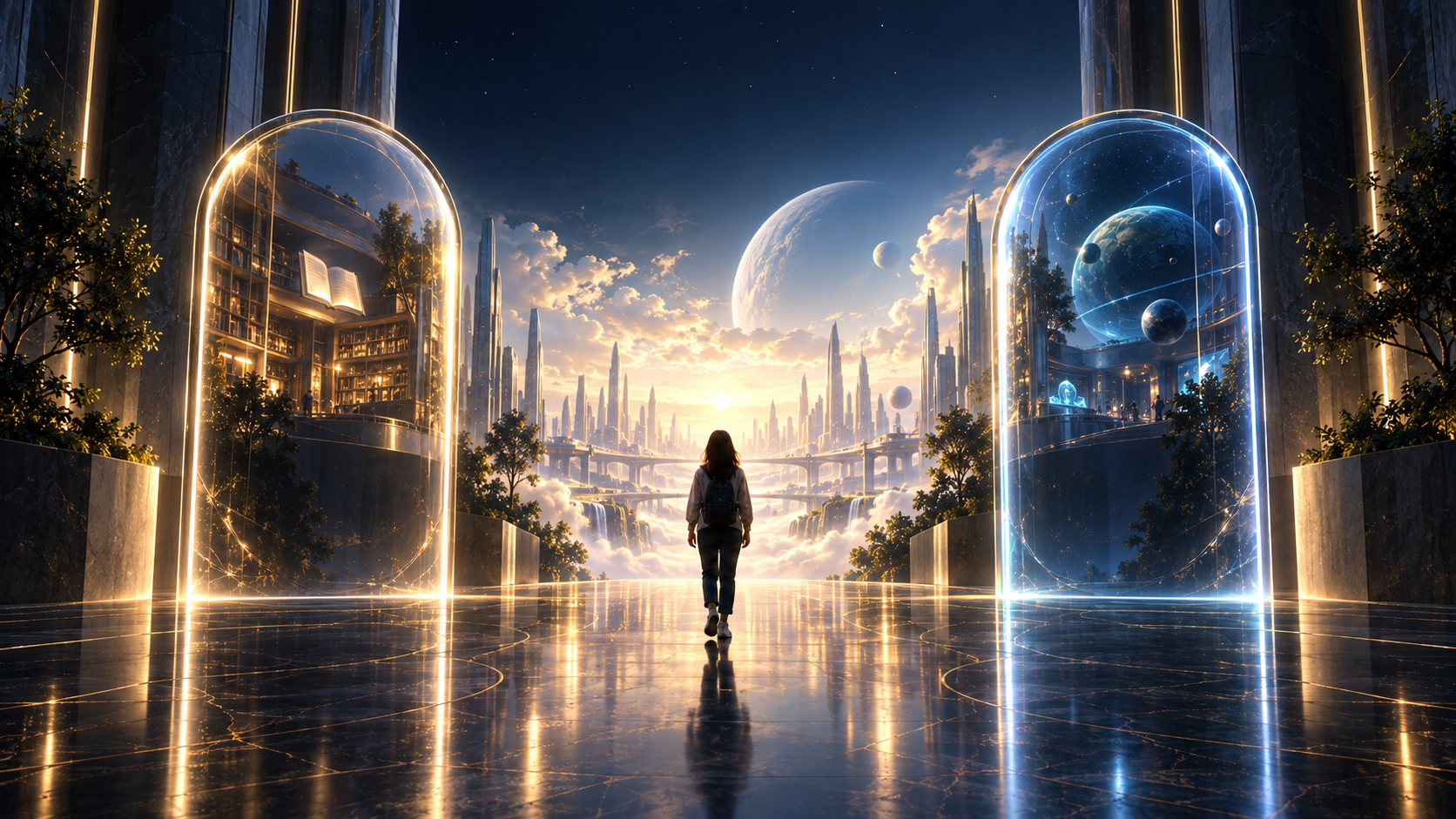 A student with a backpack walks toward the light between two glass gateways